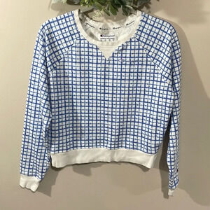 Champion Cropped Crewneck Sweatshirt Blue White Windowpane Checked S